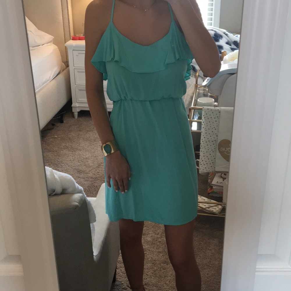 Aqua blue dress with ruffle detail
